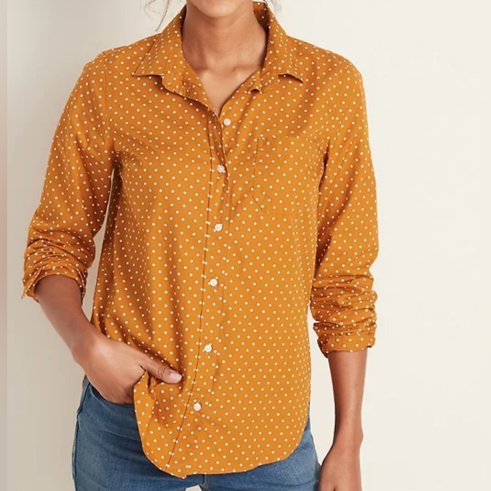 OLD NAVY Mustard Yellow Polka Dot Classic Poplin Shirt